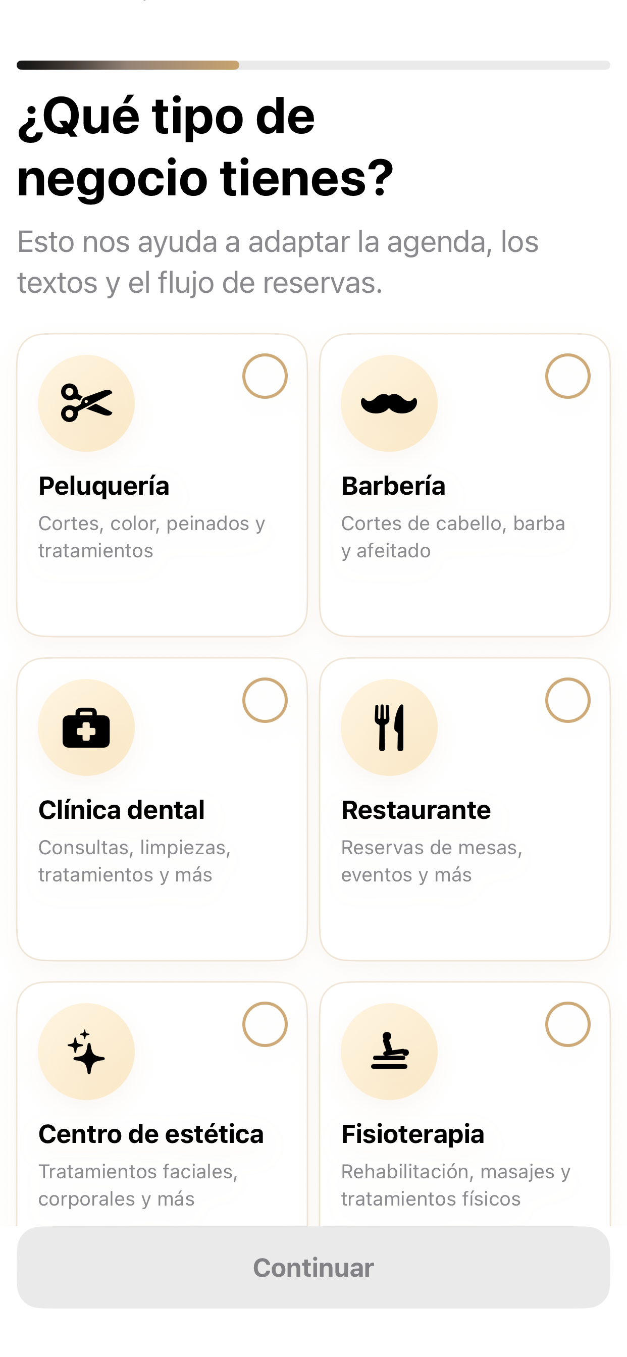 Selección de tipo de negocio real en CitasApp