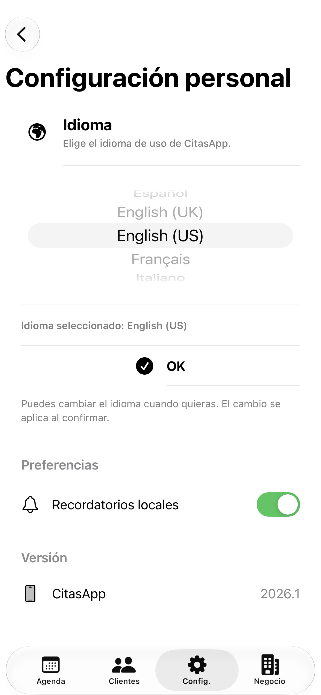 Configuración personal real de CitasApp
