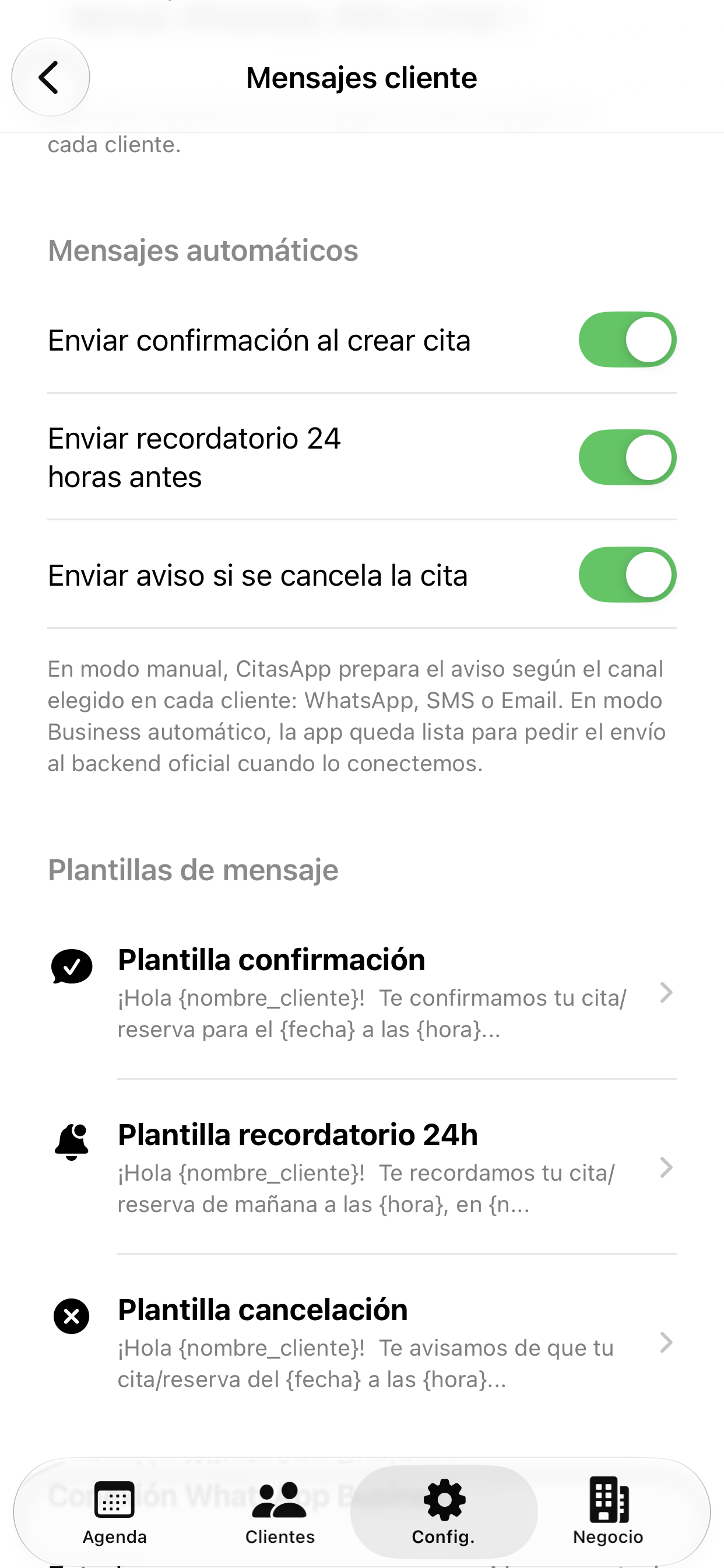 Pantalla real de mensajes de cliente en CitasApp