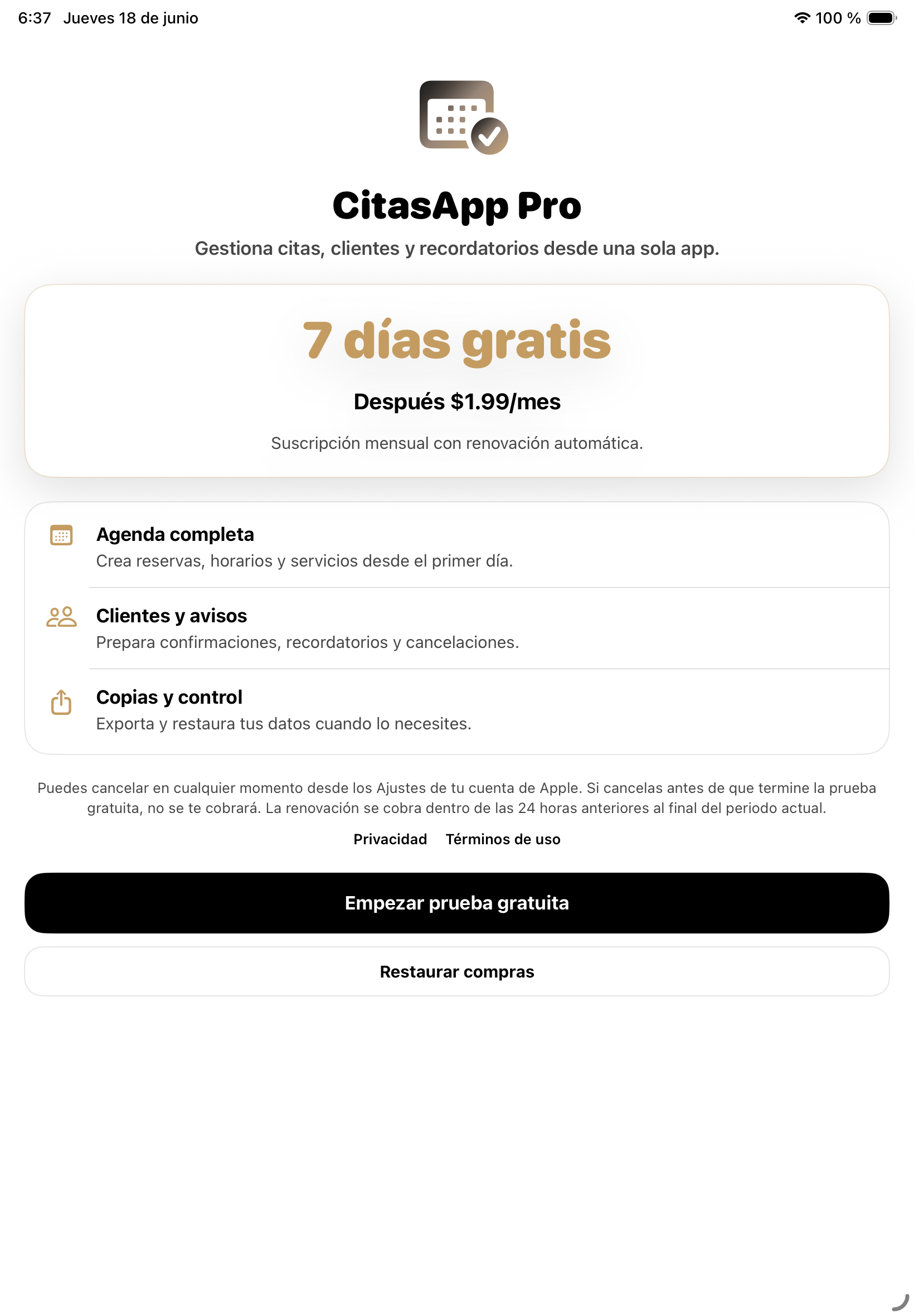Pantalla de CitasApp Pro en un iPad