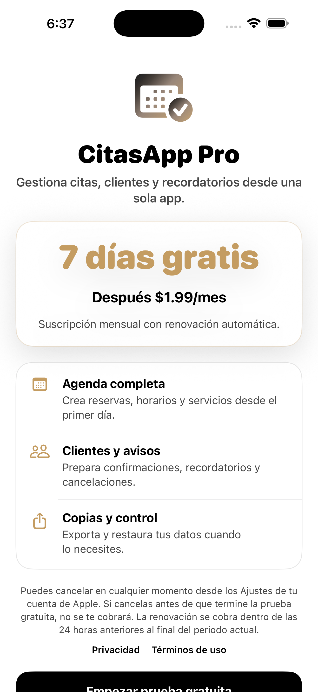 Pantalla de CitasApp Pro en un iPhone